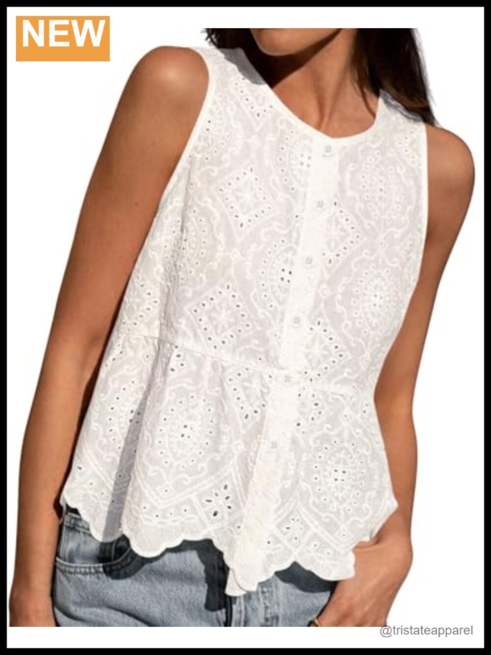 Embroidered Eyelet Peplum Tank Top Women Cotton Lined Sleeveless Button Down